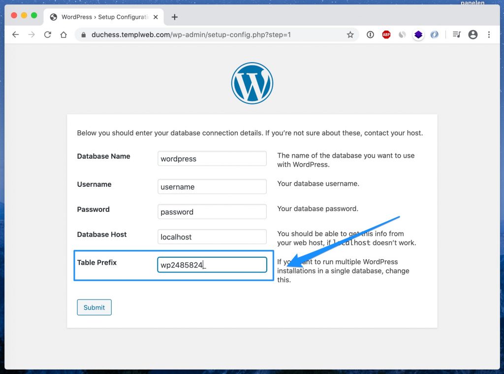 setting WordPress custom database prefix
