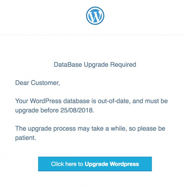 wordpress phishing attack - database_upgrade_phishing_message. wordpress phishing attack - database_upgrade_phishing_message.