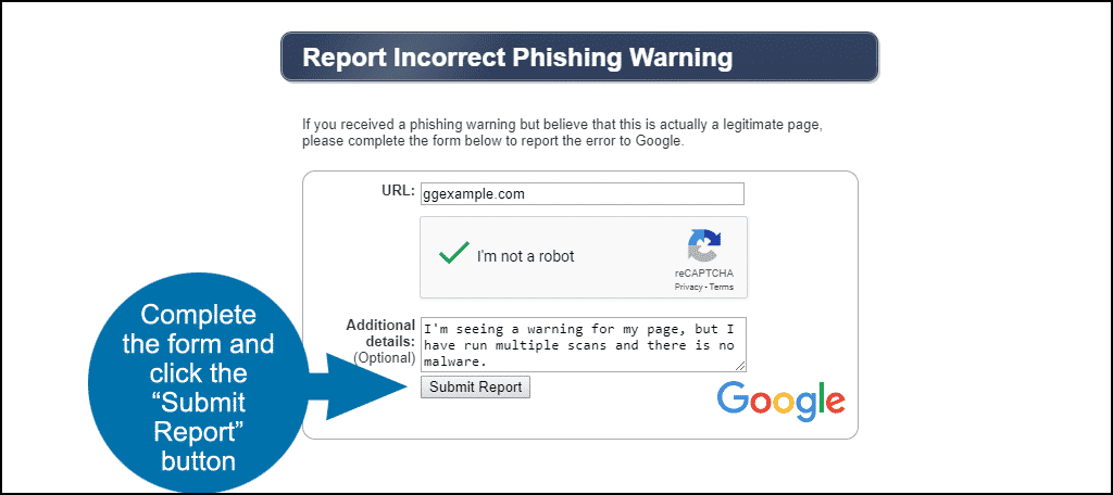 file a report for an incorrect phishing warning Google