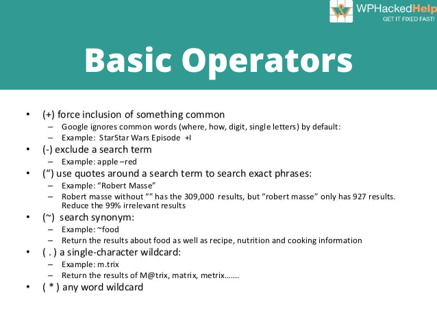 Basic Google Dork Operators Basic Google Dork Operators